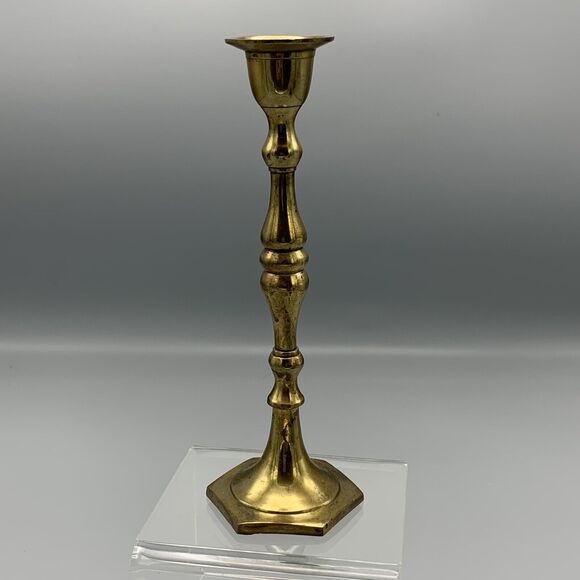 Vtg 7" Brass Candlestick Holder Hexagon Base Mantle Seasonal Table Decor Candle - Picture 1 of 10